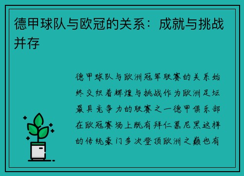 德甲球队与欧冠的关系：成就与挑战并存